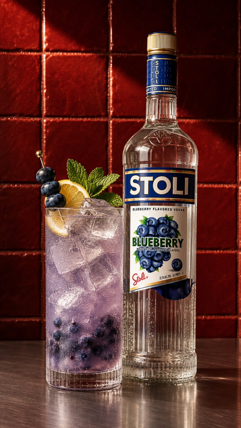 STOLI Blueberry bottle and purple cocktail on a red set